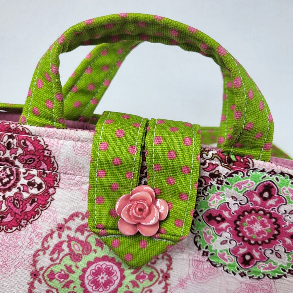 Ever Sew English Handmade PURSE Handbag Small Tote Fabric Green Pink Medallions - Picture 11 of 13
